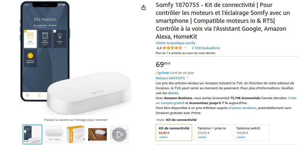 Page Amazon du Somfy Connectivity Kit
